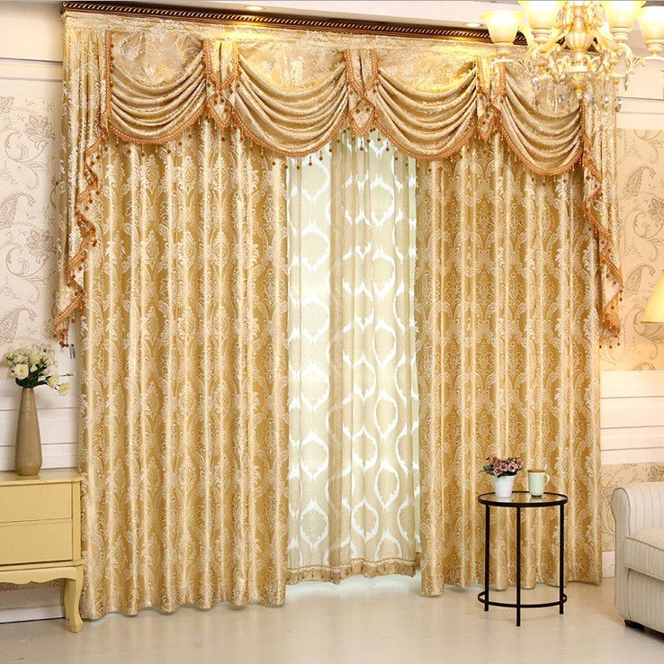 Gold Floral Jacquard Luxury Damask Living Room Curtains