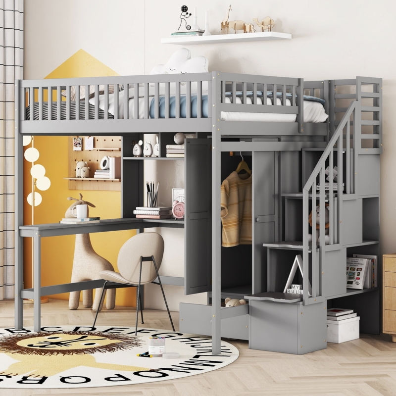Gray Loft Bed with Desk, Storage, and Stairs