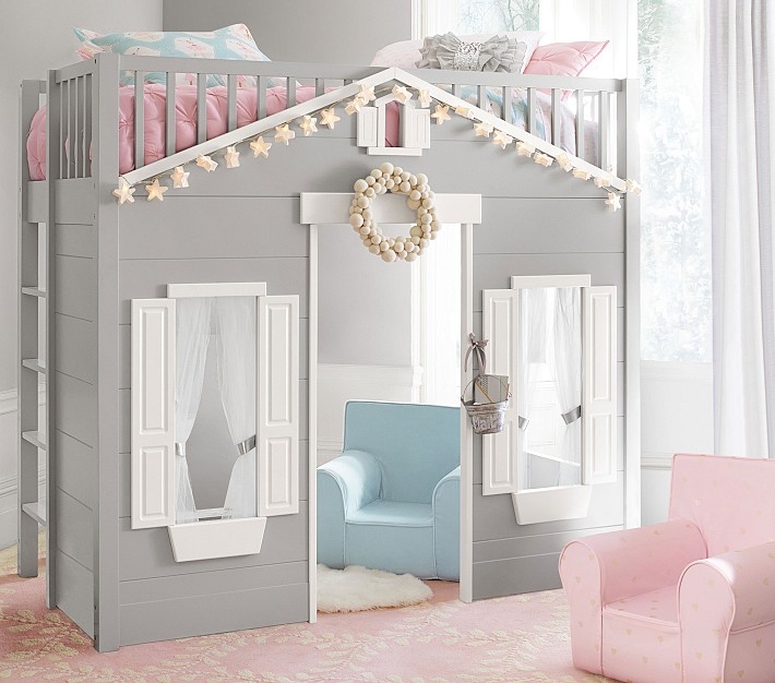 Gray Playhouse Loft Bed with Cozy Kids Seating