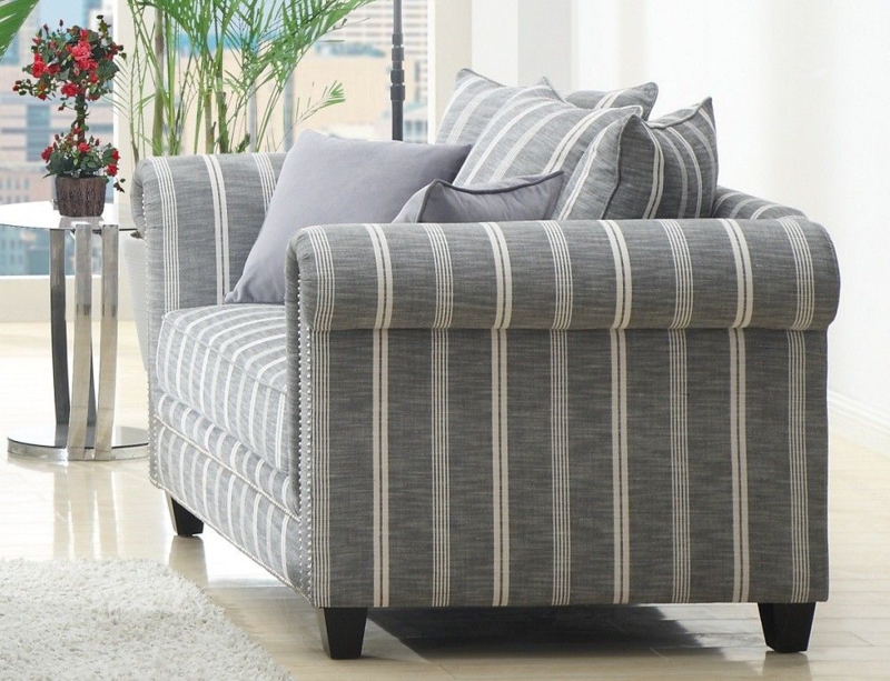 Gray Striped Fabric Sofa with Nailhead Trim