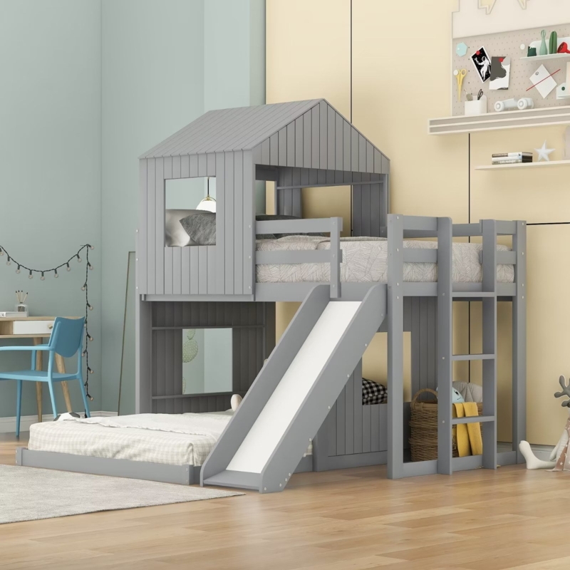 Gray Wooden Loft Bunk Beds with Slide for Kids
