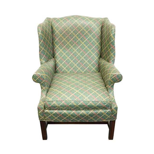 Green Plaid Upholstered Wingback Accent Chair