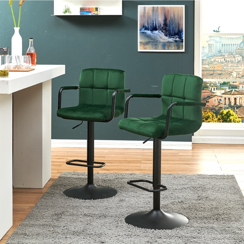 Green Velvet Adjustable Swivel Barstools Set of 2