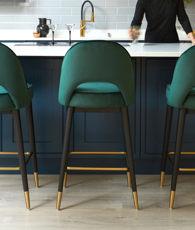 Green Velvet Counter Stools with Gold Details