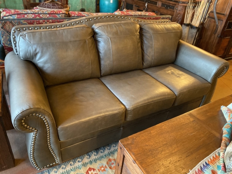 Grey Taupe Leather Sofa with Nailhead Trim