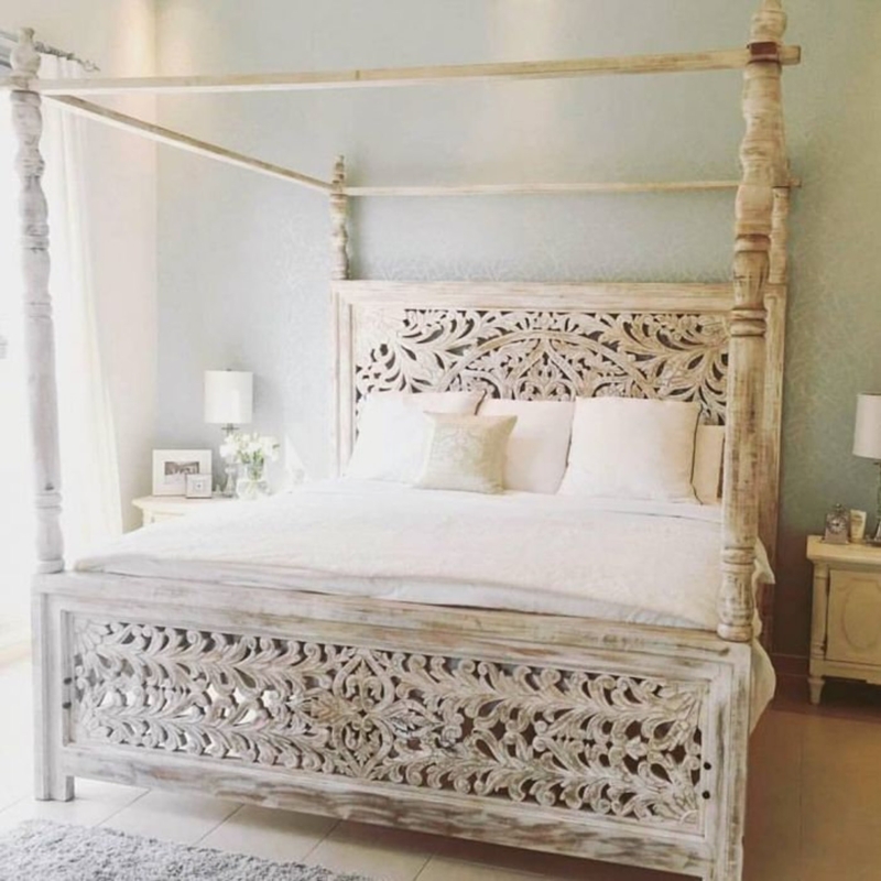 Hand Carved Bohemian Timber Wood Canopy Bed