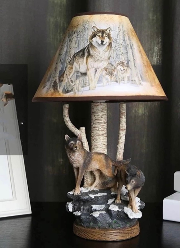 Handmade Wolf-Themed Table Lamp for Rustic Decor