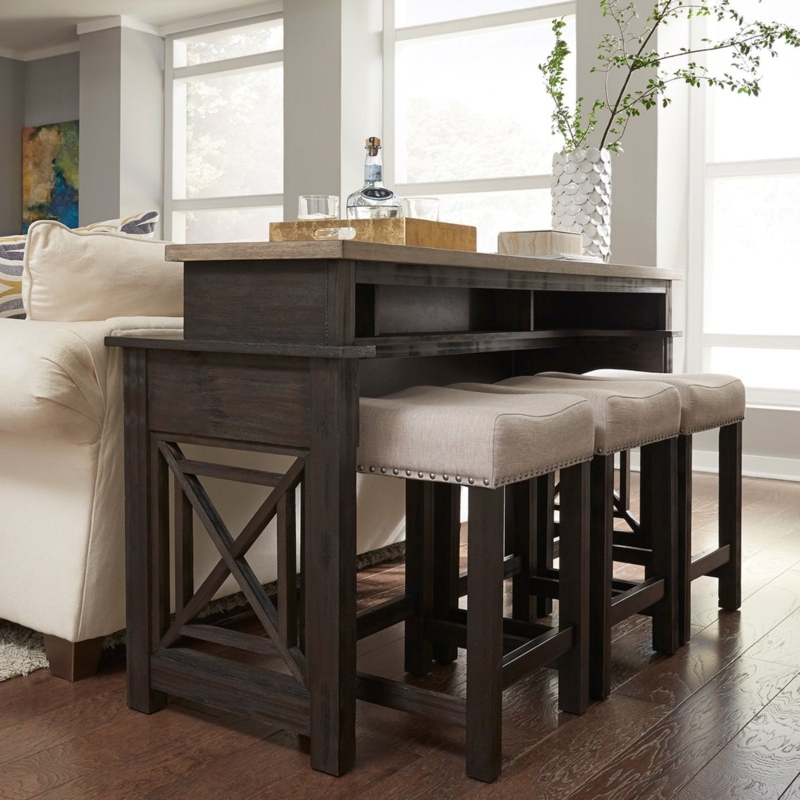 Heatherbrook Dark Wood Console Table with Upholstered Stools