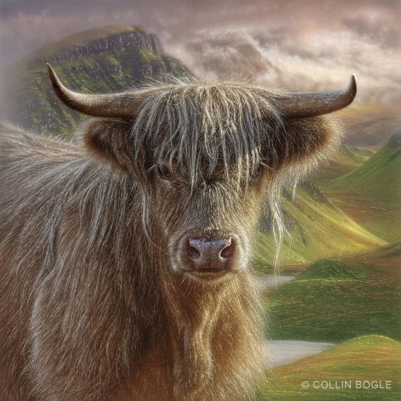 Highland Cow Painting with Scenic Mountain Background