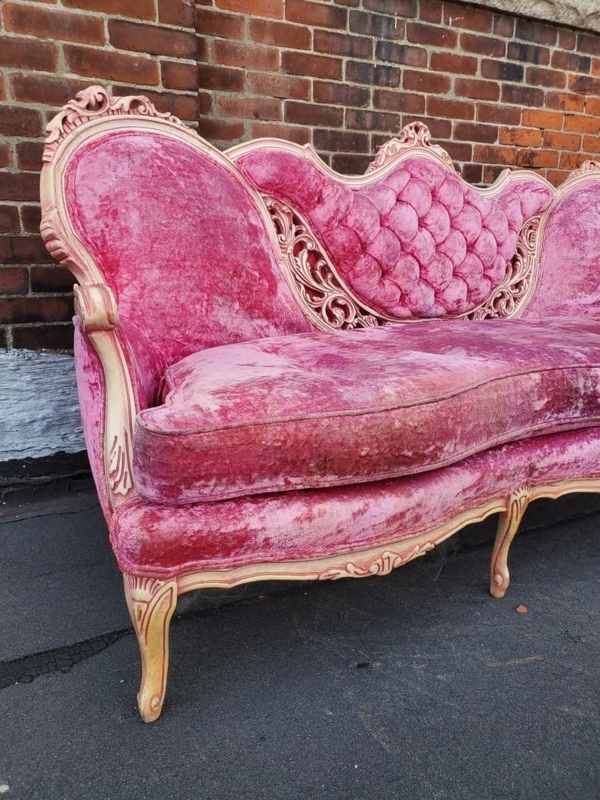 Hollywood Regency Hot Pink Velvet Carved Sofa