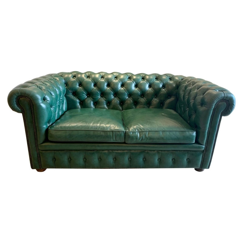 Hunter Green Leather Chesterfield Loveseat Sofa