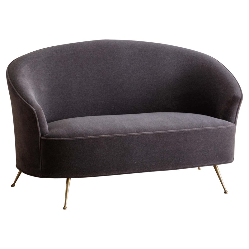 Italian Curved Dark Gray Mohair Loveseat with Brass Legs
