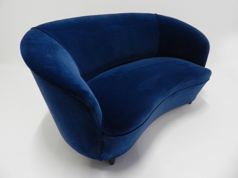 Italian Mid-Century Blue Velvet Curved Loveseat