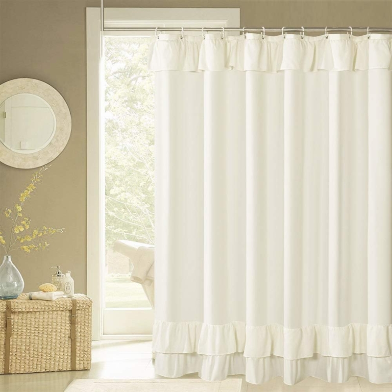 Ivory Ruffle Fabric Shower Curtain for Farmhouse Style