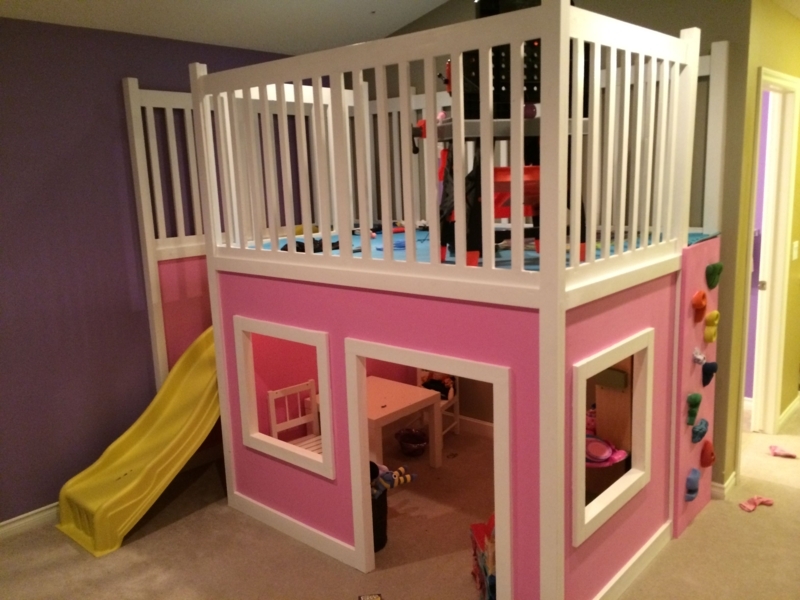 Kids Playhouse Loft Bed with Slide and Climbing Wall