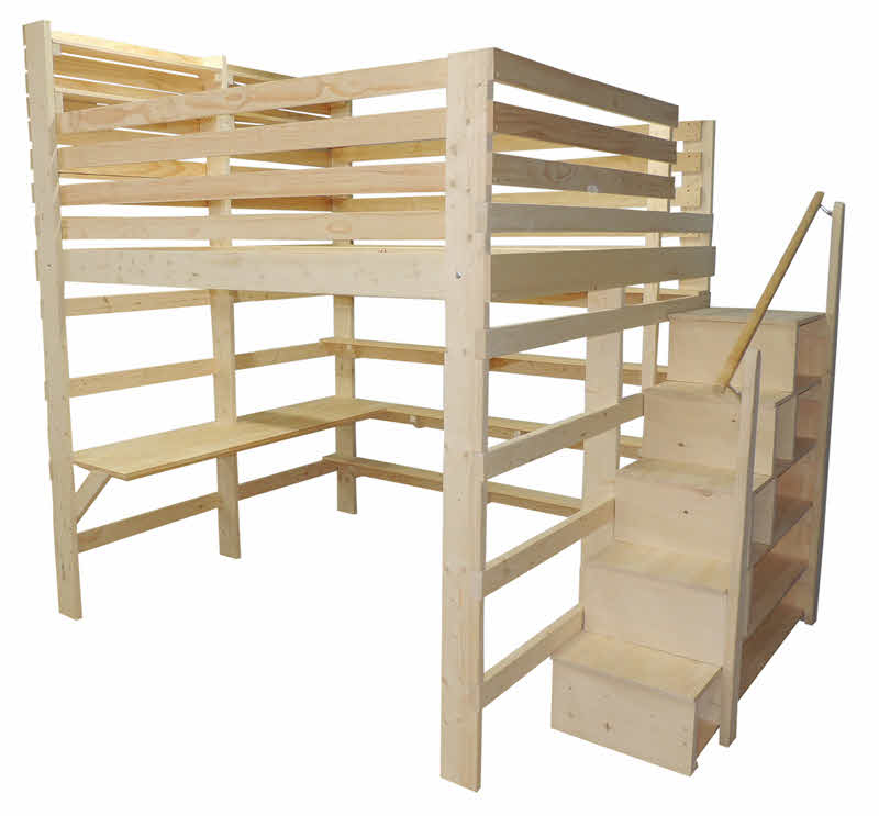 King Size Loft Bed with Wooden Storage Stairs