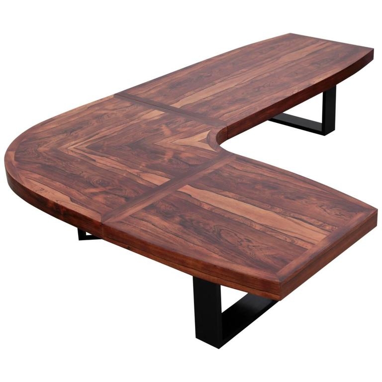 L-Shaped Curved Rosewood Coffee Table with Metal Legs