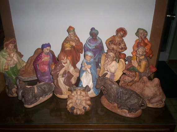 Large Hand-Painted Ceramic Nativity Set Display