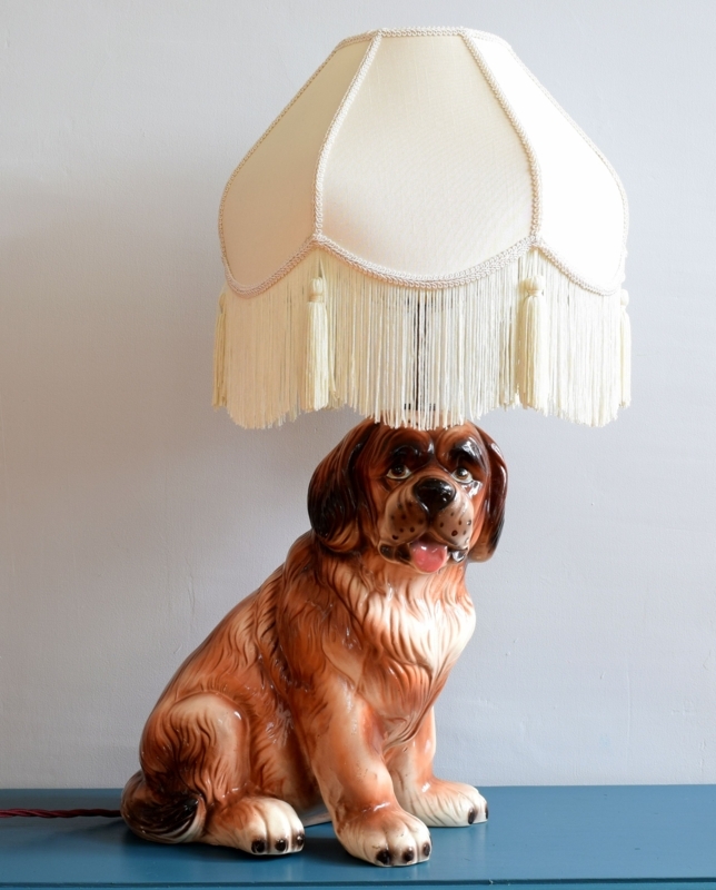 Large Quirky Ceramic Dog Lamp with Fringe Shade