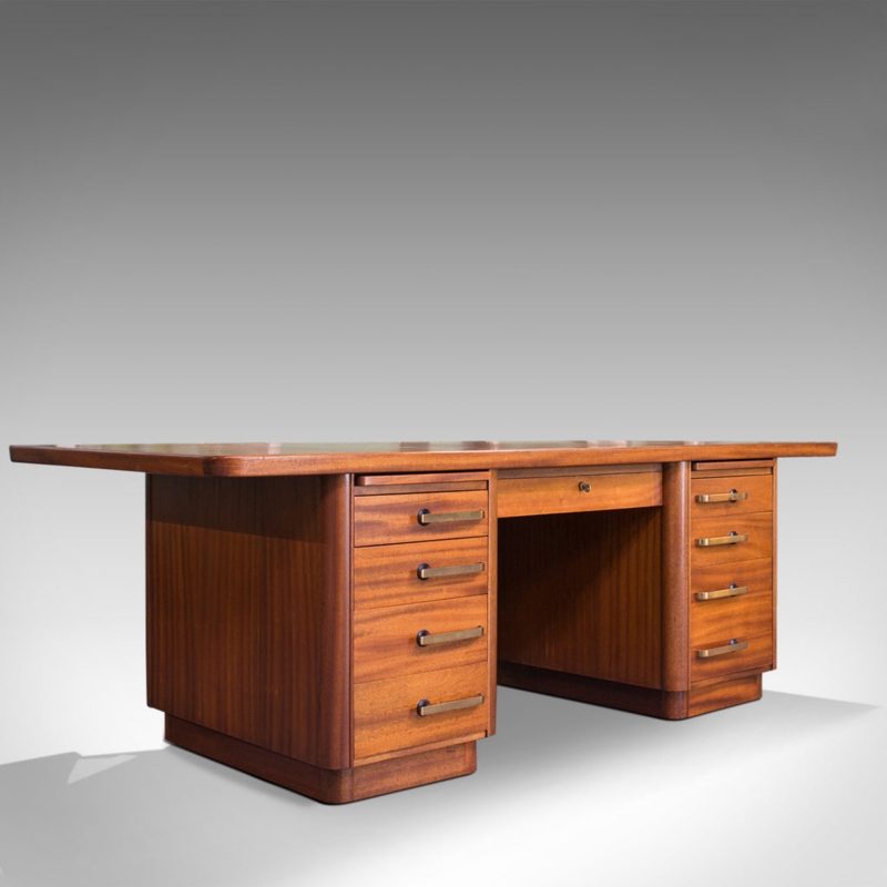 Large Vintage Teak Art Deco Pedestal Desk
