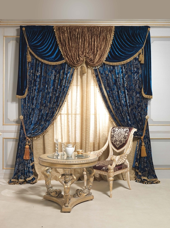 Luxurious Blue Velvet Curtains with Gold Trimmings