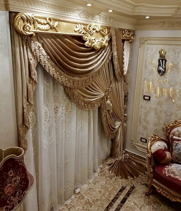 Luxurious Gold Draped Curtains for Elegant Living Room