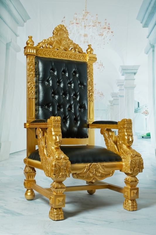 Luxurious Gold Throne Chair with Black Leather Upholstery