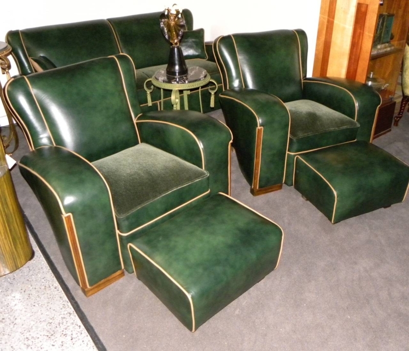 Luxurious Green Art Deco Sofa and Ottoman Set