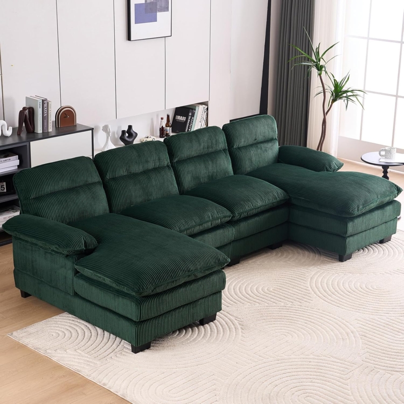 Luxurious Green Corduroy Sectional Sofa for Living Room