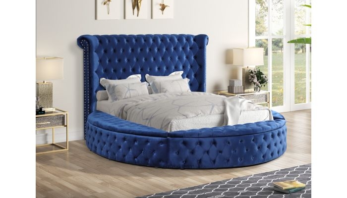 Luxurious Navy Blue Velvet Tufted Round Bed