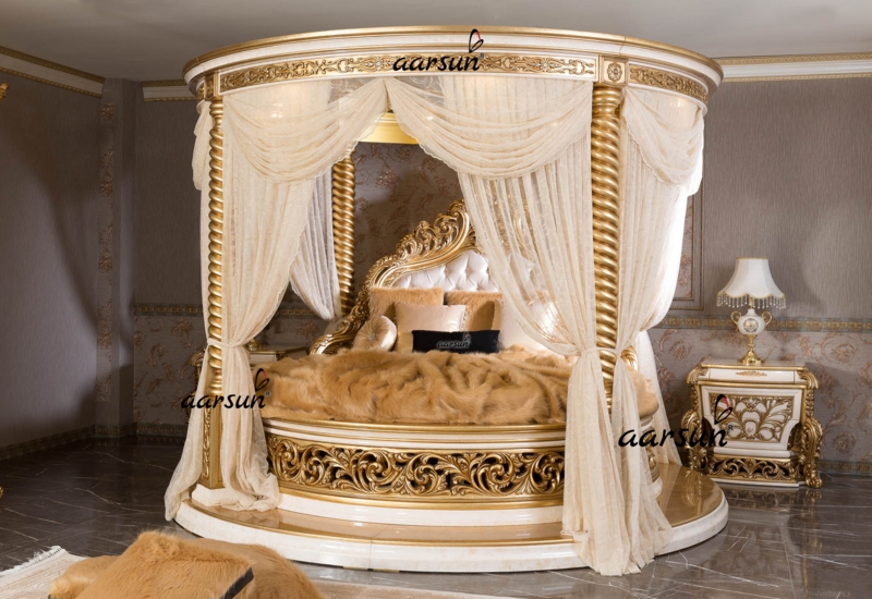 Luxurious Round Canopy Bed with Gold Accents
