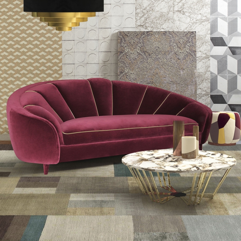 Luxurious Ruby Red Art Deco Velvet Sofa