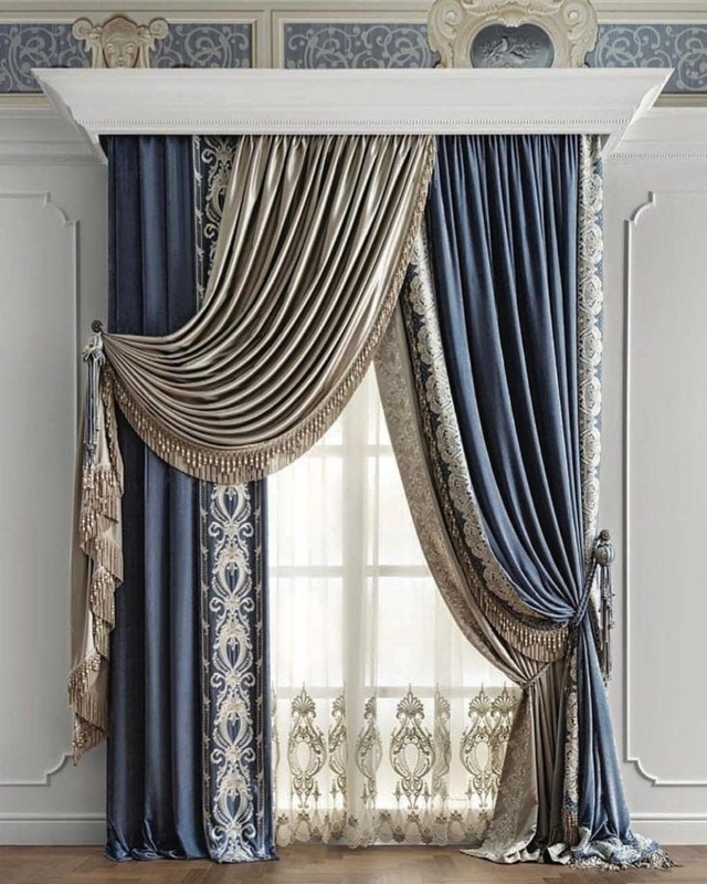 Luxury Blue and Beige Layered Living Room Curtains