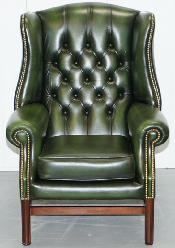 Luxury Green Leather Chesterfield Wingback Armchair