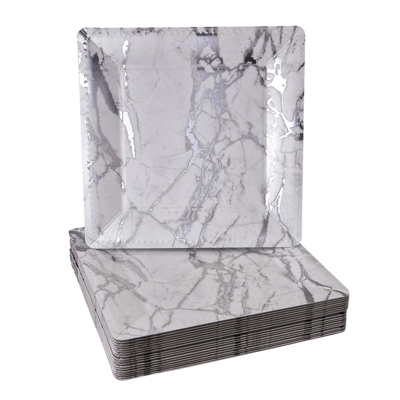 Marble Silver Disposable Square Charger Plates Set