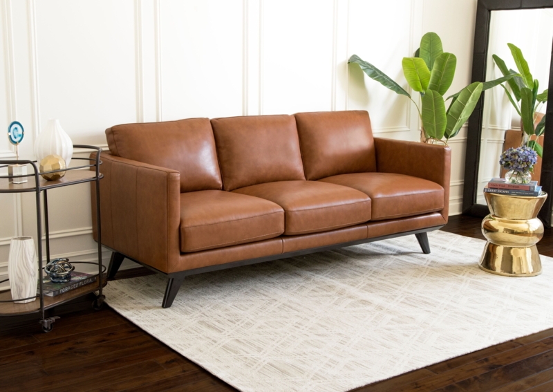 Mid Century Camel Leather Sofa in Stylish Living Room