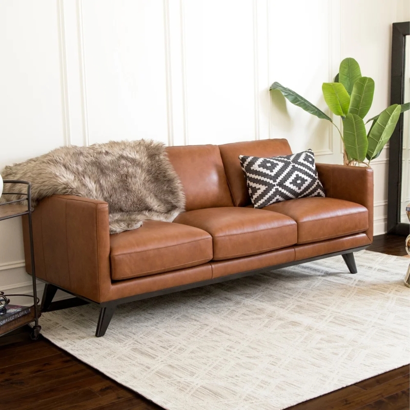 Mid Century Camel Leather Sofa with Modern Accents