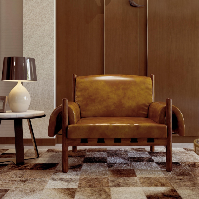 Mid-Century Faux Leather Armchair with Wooden Frame