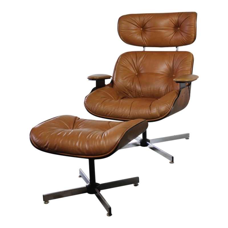 Mid-Century Modern Brown Leather Lounge Chair and Ottoman