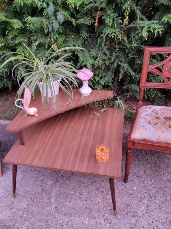 Mid Century Modern Corner Tiered Wooden Side Table