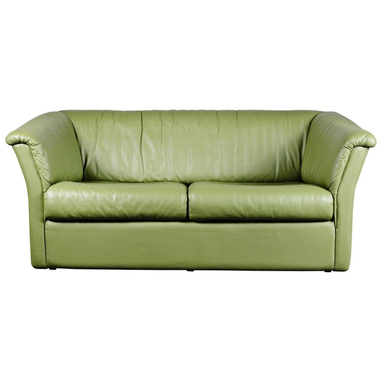Mid-Century Modern Green Leather Loveseat Sofa
