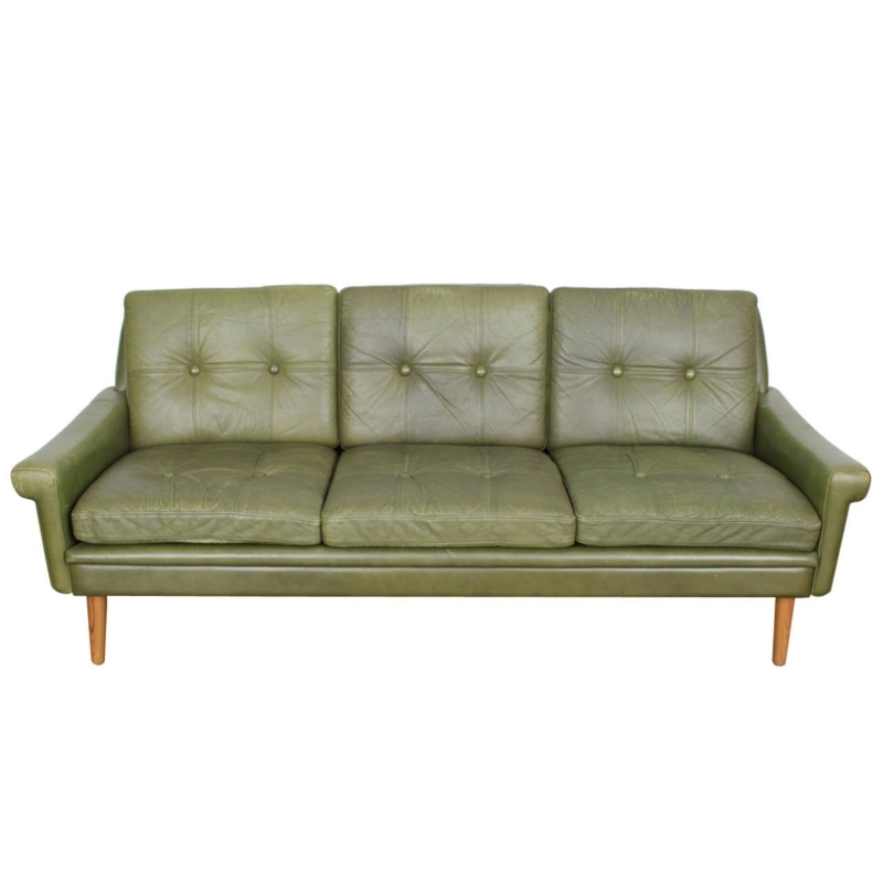 Mid-Century Modern Green Leather Sofa with Wooden Legs
