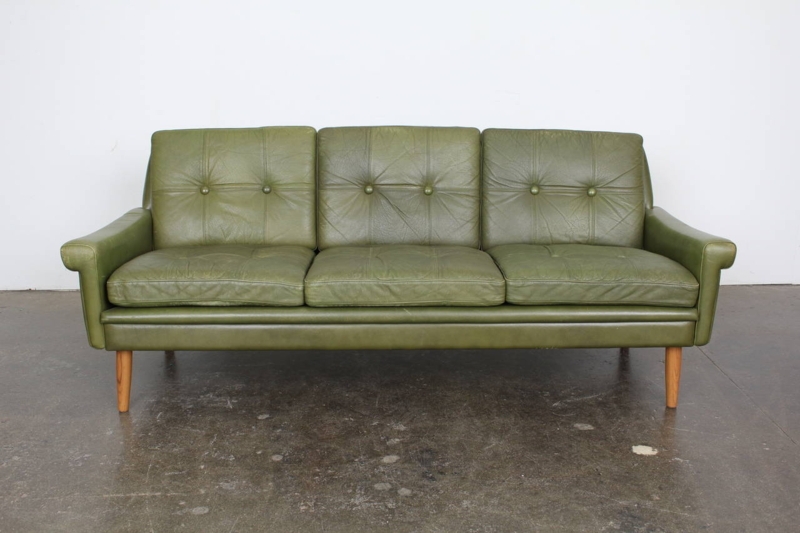 Mid-Century Modern Olive Green Leather Sofa