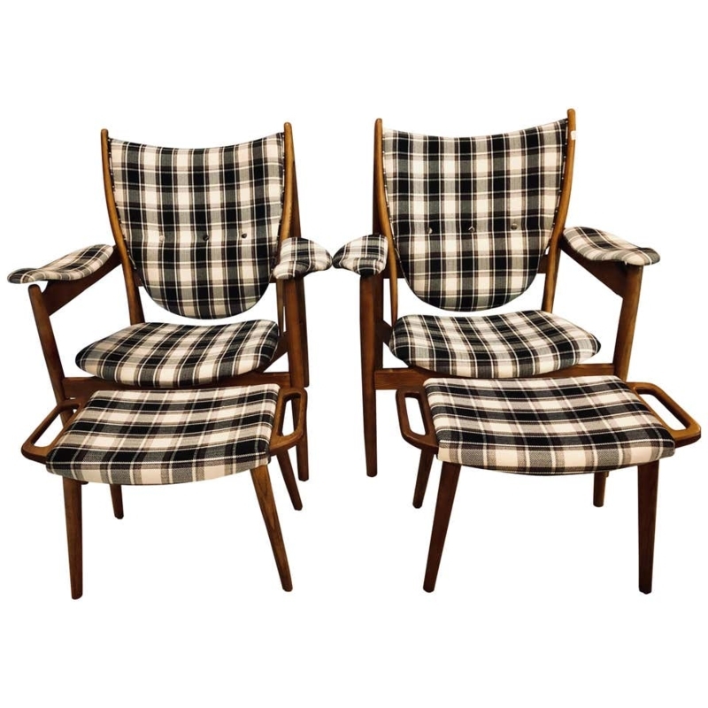 Mid-Century Modern Plaid Fabric Lounge Chairs with Ottoman