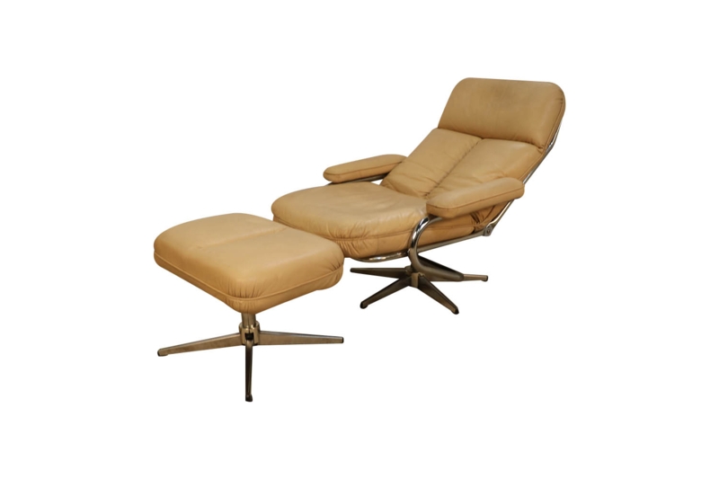 Mid Century Modern Tan Leather Recliner and Ottoman