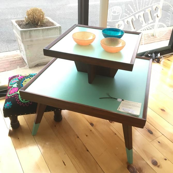 Mid-Century Modern Two-Tier Side Table with Aqua Accents