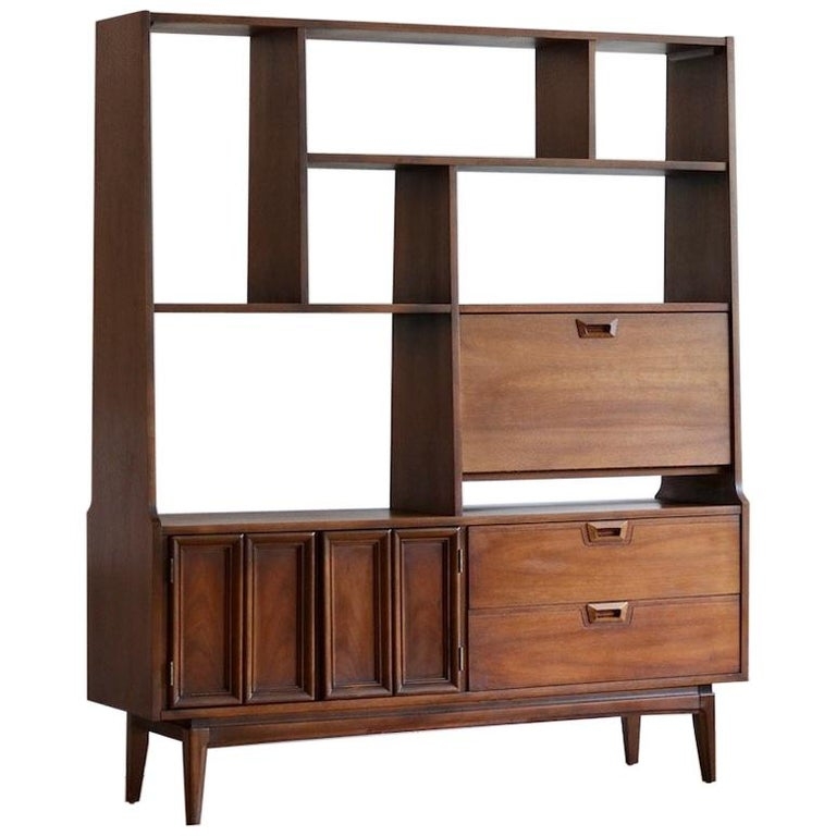 Mid Century Modern Wooden Room Divider with Shelves