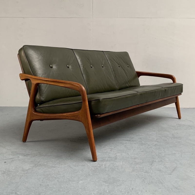 Mid-Century Teak Frame Green Leather Sofa