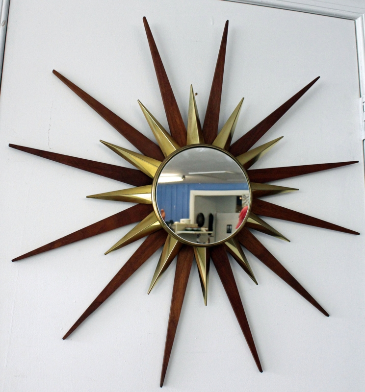 Mid-Century Walnut and Brass Sunburst Wall Mirror