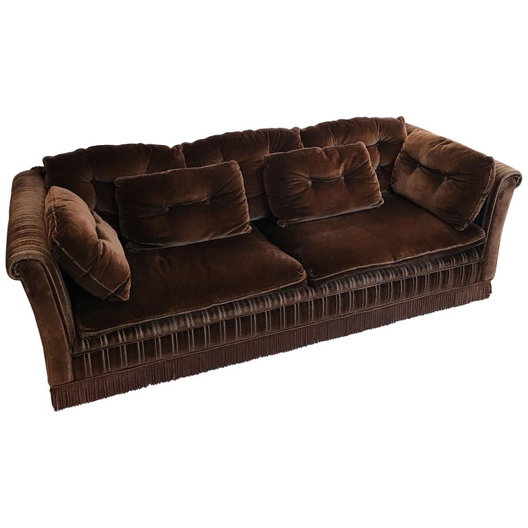 Midcentury Chocolate Brown Velvet Buttoned Three-Seat Sofa at 1stdibs